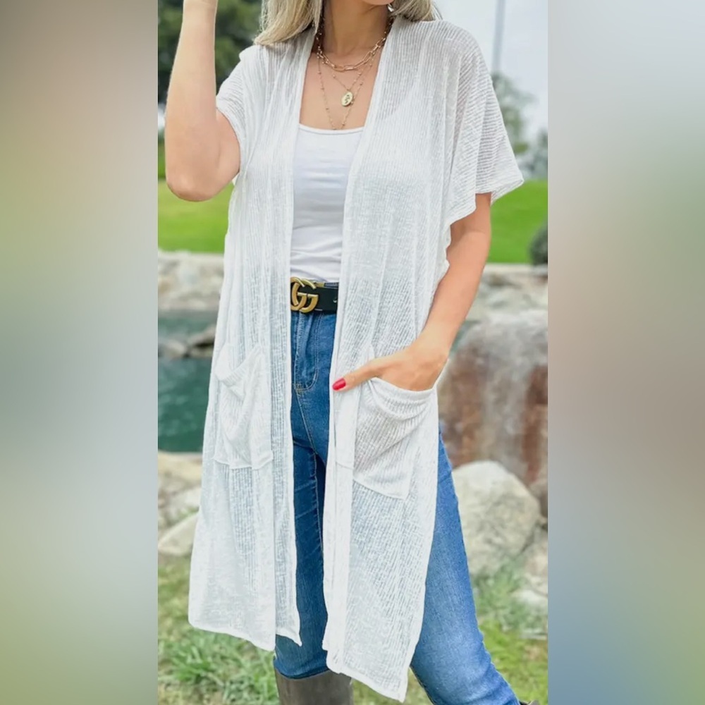 White Open-Front Sheer Lightweight Kimono Cardigan with Pockets - Picture 4 of 6